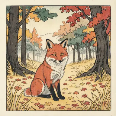 a red fox sitting in an autumn clearing, ukiyo-e style, FLUX.2