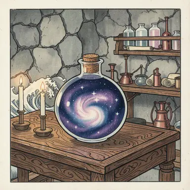 a galaxy swirling inside a glass flask in an alchemist's laboratory, ukiyo-e style, FLUX.2