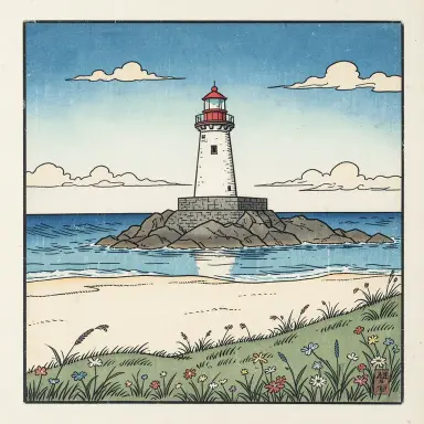 a lighthouse on a rocky islet, beach and dunes in front, ukiyo-e style, FLUX.2