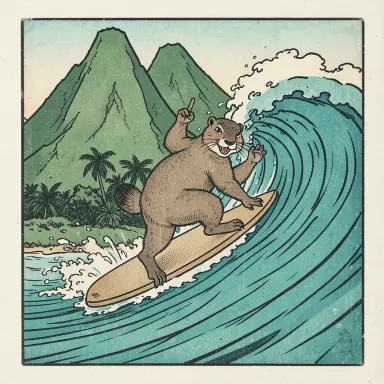 a marmot surfing a big wave, flashing a V sign, ukiyo-e style, FLUX.2