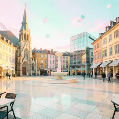 a sunlit city square with a fountain and buildings of different eras, vaporwave style, FLUX.2