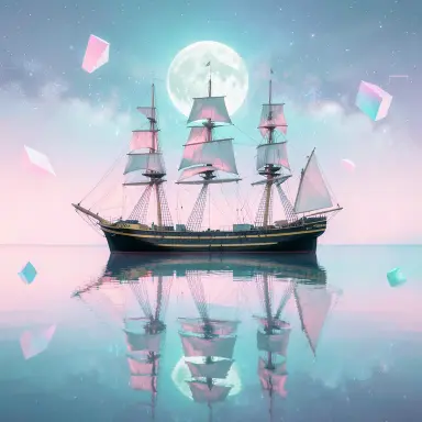 a clipper ship on a mirror-flat sea under the full moon, vaporwave style, FLUX.2