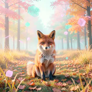 a red fox sitting in an autumn clearing, vaporwave style, FLUX.2