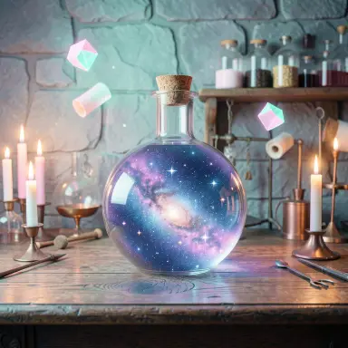 a galaxy swirling inside a glass flask in an alchemist's laboratory, vaporwave style, FLUX.2