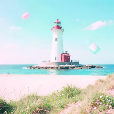 a lighthouse on a rocky islet, beach and dunes in front, vaporwave style, FLUX.2