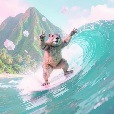 a marmot surfing a big wave, flashing a V sign, vaporwave style, FLUX.2