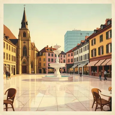 a sunlit city square with a fountain and buildings of different eras, vintage travel poster style, FLUX.2