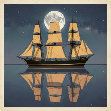 a clipper ship on a mirror-flat sea under the full moon, vintage travel poster style, FLUX.2