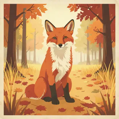 a red fox sitting in an autumn clearing, vintage travel poster style, FLUX.2