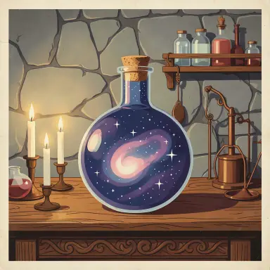 a galaxy swirling inside a glass flask in an alchemist's laboratory, vintage travel poster style, FLUX.2