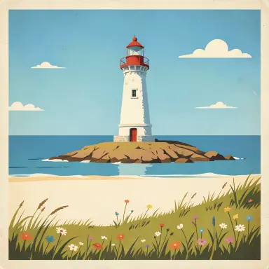 a lighthouse on a rocky islet, beach and dunes in front, vintage travel poster style, FLUX.2