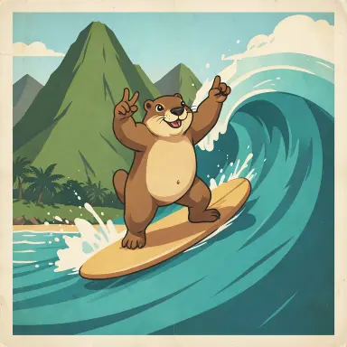 a marmot surfing a big wave, flashing a V sign, vintage travel poster style, FLUX.2