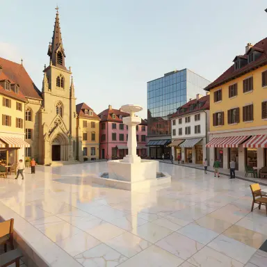 a sunlit city square with a fountain and buildings of different eras, voxel art style, FLUX.2
