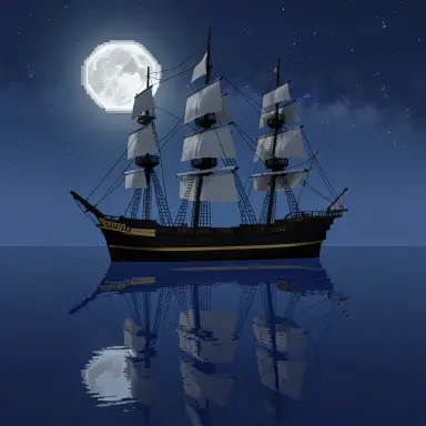a clipper ship on a mirror-flat sea under the full moon, voxel art style, FLUX.2