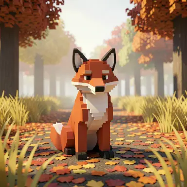 a red fox sitting in an autumn clearing, voxel art style, FLUX.2