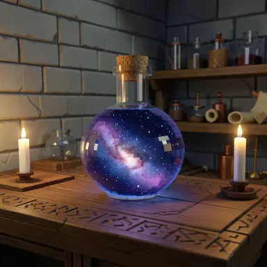 a galaxy swirling inside a glass flask in an alchemist's laboratory, voxel art style, FLUX.2