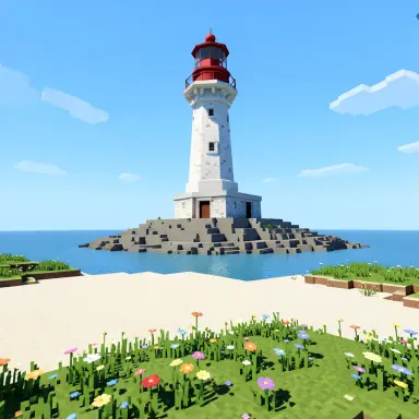a lighthouse on a rocky islet, beach and dunes in front, voxel art style, FLUX.2