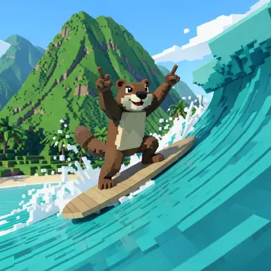 a marmot surfing a big wave, flashing a V sign, voxel art style, FLUX.2