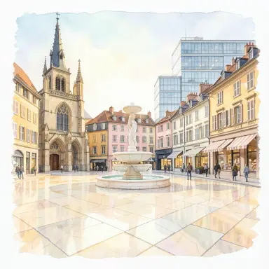 a sunlit city square with a fountain and buildings of different eras, watercolor style, FLUX.2