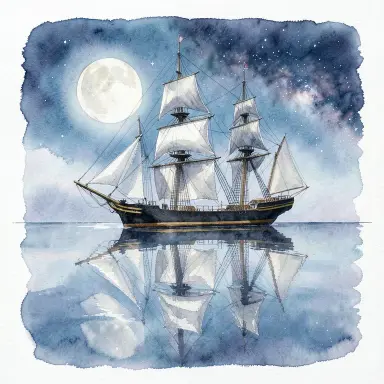 a clipper ship on a mirror-flat sea under the full moon, watercolor style, FLUX.2