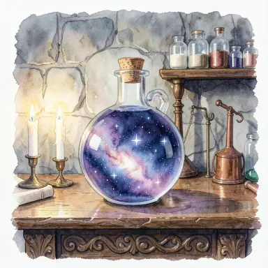 a galaxy swirling inside a glass flask in an alchemist's laboratory, watercolor style, FLUX.2