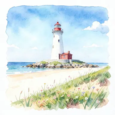 a lighthouse on a rocky islet, beach and dunes in front, watercolor style, FLUX.2
