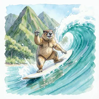 a marmot surfing a big wave, flashing a V sign, watercolor style, FLUX.2