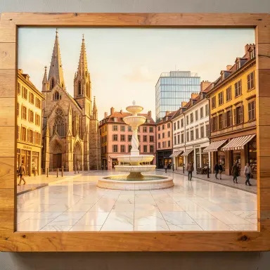 a sunlit city square with a fountain and buildings of different eras, wood carving style, FLUX.2