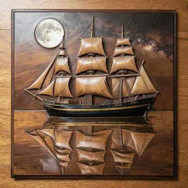 a clipper ship on a mirror-flat sea under the full moon, wood carving style, FLUX.2