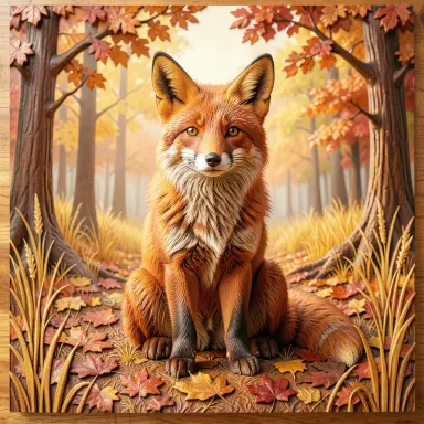 a red fox sitting in an autumn clearing, wood carving style, FLUX.2