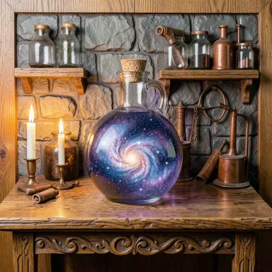 a galaxy swirling inside a glass flask in an alchemist's laboratory, wood carving style, FLUX.2
