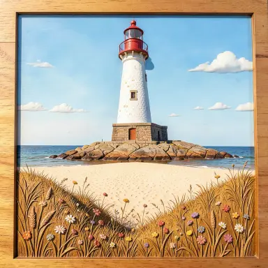 a lighthouse on a rocky islet, beach and dunes in front, wood carving style, FLUX.2