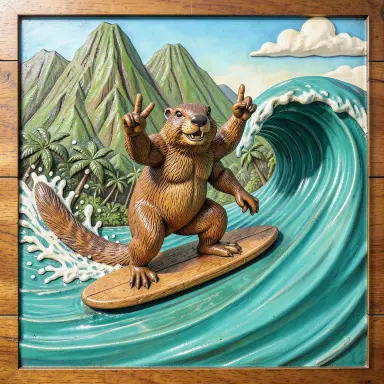 a marmot surfing a big wave, flashing a V sign, wood carving style, FLUX.2