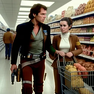 Han Solo grocery shopping in Mos Eisley with Princess Leia, C3PO, R2D2