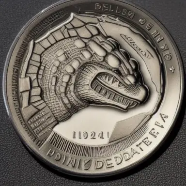 an american quarter coin with a portrait of godzilla embedded etched macro lens