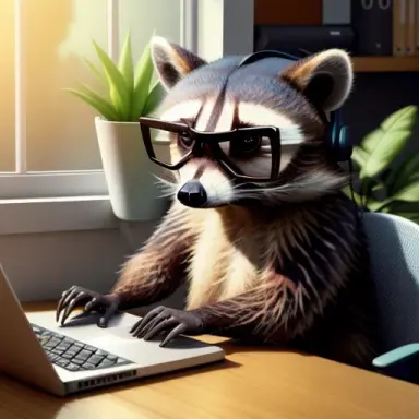 imagine a racoon sitting at a desk with a laptop and a cup of coffee. The racoonis wearing glasses and headphones and looks foc