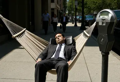a photograph of a man in a business suit asleep in a hammock strung between two parking meters on a sunny
