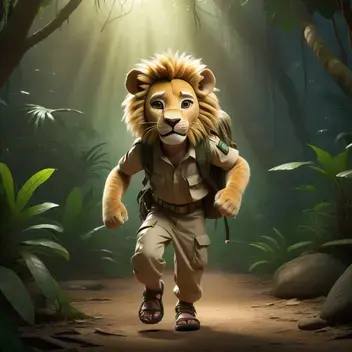 a young malagasy boy dressed as a jungle explorer, digital art, wide angle photo, full body, cinematic lights, chassed by a smal