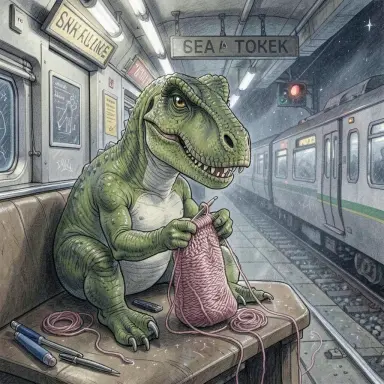 a dinosaur knitting during a train delay chalk drawing