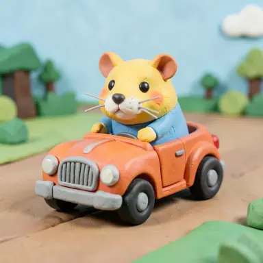 a hamster driving a toy car claymation