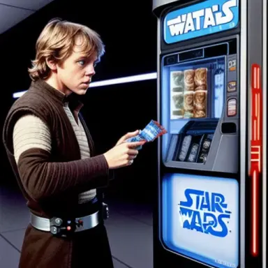 Luke Skywalker trying to get snack from a star wars vending machine but the packet gets stuck
