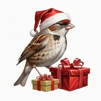 realistic drawing of a sparrow with dressed as christmas santa and a present