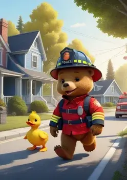 a cartoon bear dressed like a fire fighter, the bear is wearing a red fire fighter uniform. there is a small yellow duck
