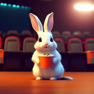 Cute small rabbit sitting in a movie theater eating carrot watching a movie ,unreal engine, cozy indoor lighting, artstation, de