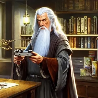 d 1325962227 gandalf playing on a gameboy, epic laboratory office, shelves with detailed items in background, ((long shot)), highly detailed