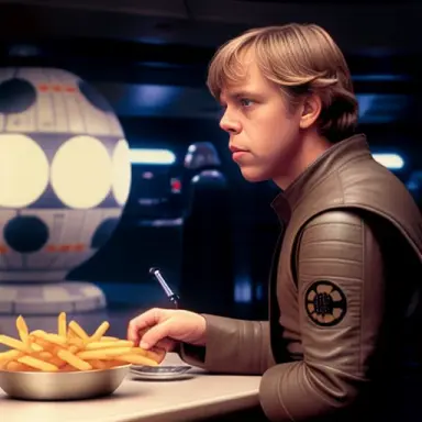 Luke Skywalker ordering a burger and fries from the Death Star canteen