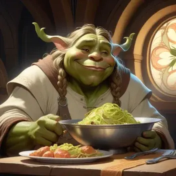 shrek enjoying his final meal by only light equipment, highly detailed, digital painting, artstation, concept art