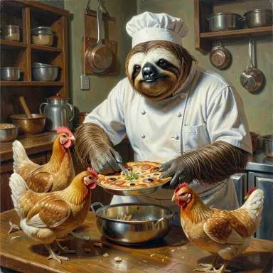 oil painting of a sloth pizzaiolo while feeding hens