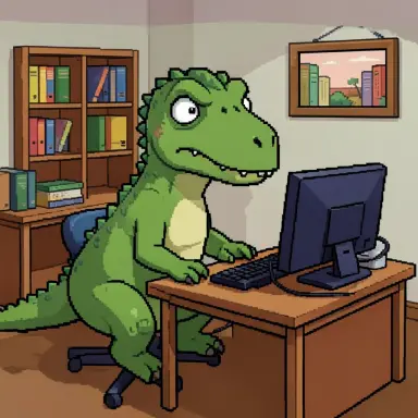 a dinosaur in a tiny office at a computer looking confused pixel art 16 bit style