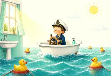a children s book illustration of an old sea captain steering a bathtub boat across a bathroom tile ocean